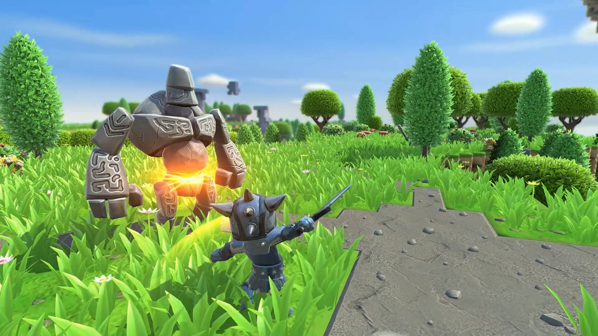 Portal Knights character battling a stone monster with a sword